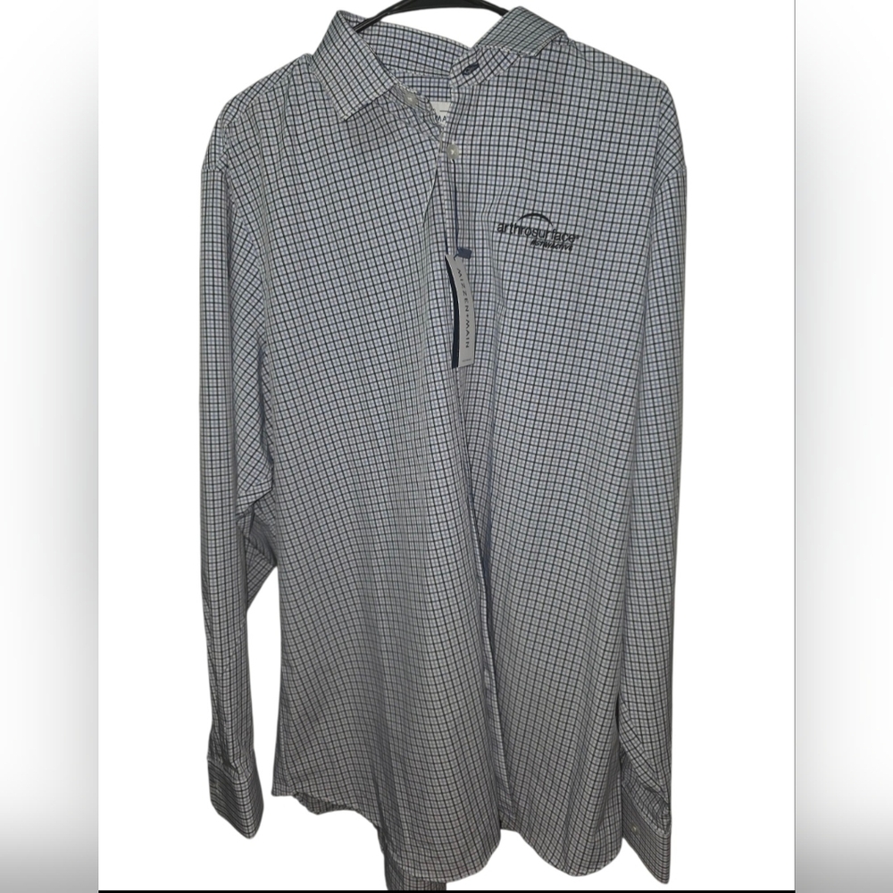 Mizzen+Main Shirt Men XXL White Navy Grid Plaid Embroidered Standard Fit Stretch